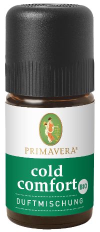Primavera Cold Comfort Blend bio essential oil in a 5ml bottle, natural aromatherapy product with herbal scent.