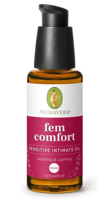 Primavera Fem comfort menstrual relief oil 50ml with natural essential oils, featuring a dropper bottle and botanical ingredients.