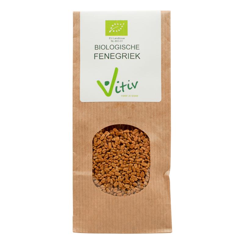 Vitiv organic fenugreek seeds in a 250g package, shown in a clear container with fresh seeds visible.