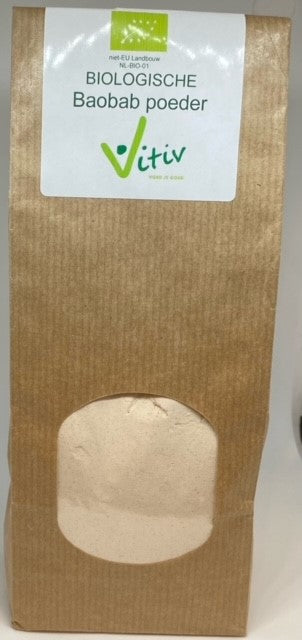 Vitiv Baobab bio powder in 250g package, raw superfood with vibrant green powder visible in a clear container.