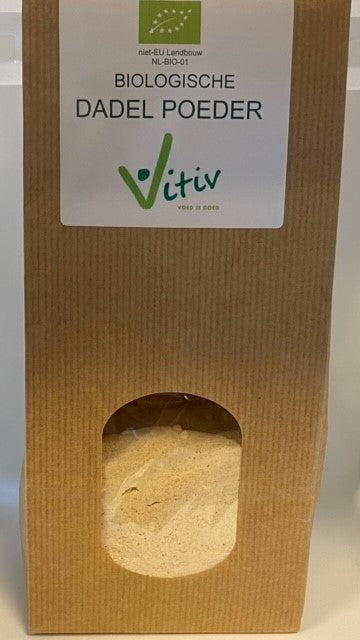 Vitiv Dadel poeder bio, 400g, raw superfood in a clear container showing golden brown date powder