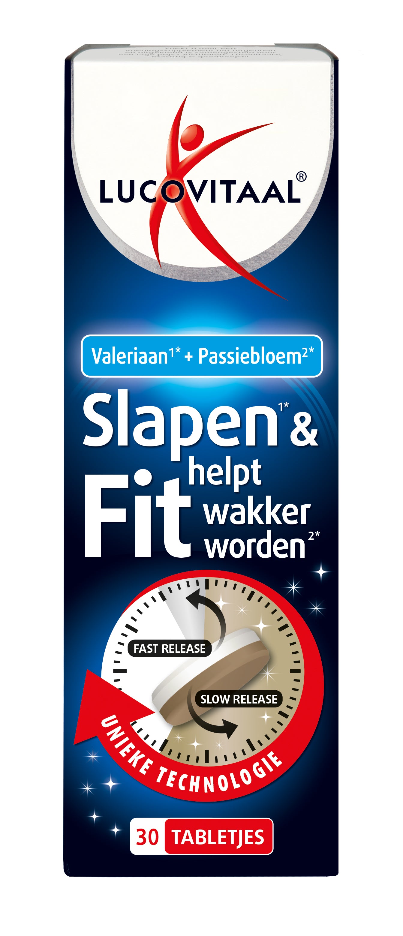 Lucovitaal Slapen & Fit Wakker Worden herbal supplement tablets in a bottle, designed to support sleep and alertness.