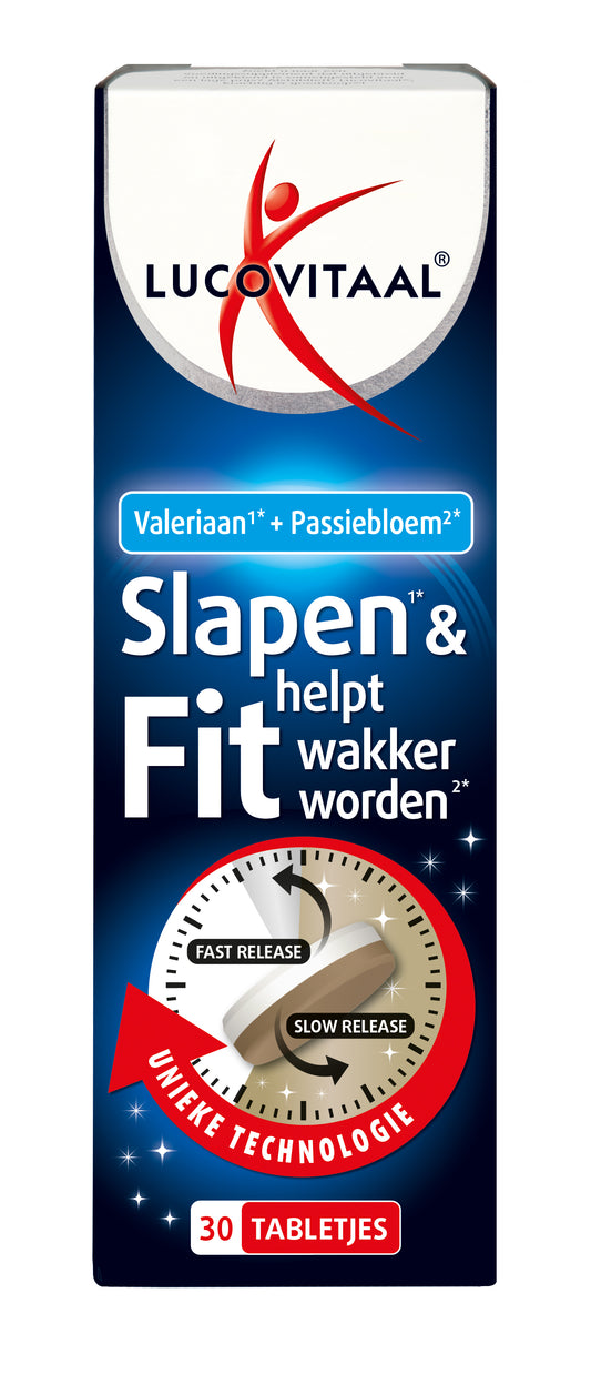 Lucovitaal Slapen & Fit Wakker Worden herbal supplement tablets in a bottle, designed to support sleep and alertness.
