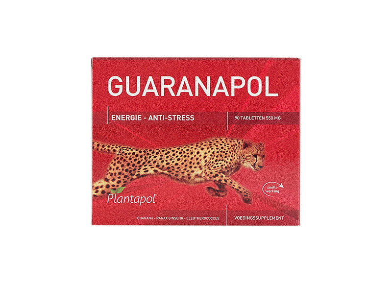 Purasana Guaranapol 550mg herbal supplement tablets, showing 90 capsules in a clear container with label.