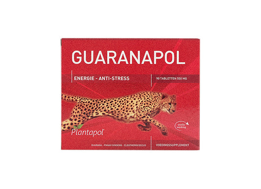 Purasana Guaranapol 550mg herbal supplement tablets, showing 90 capsules in a clear container with label.