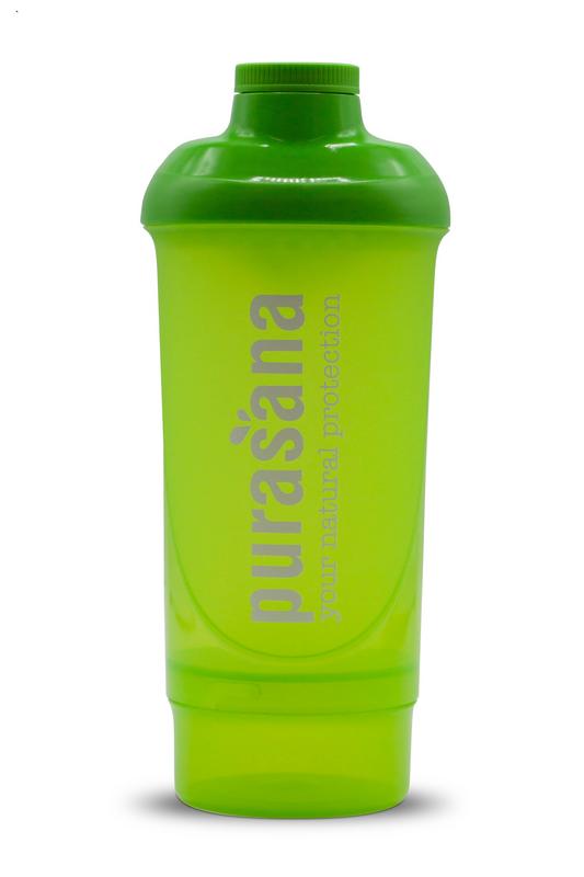 Purasana plastic shaker with green cap, 500ml capacity, used for cooking and dining, shown in the image.