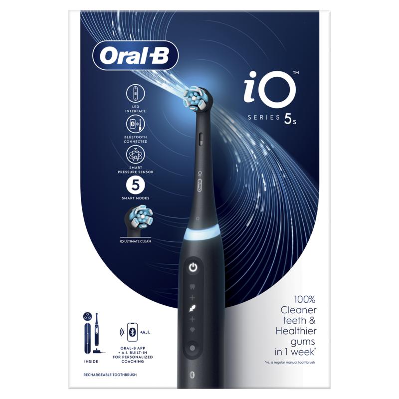 Oral B iO5s electric toothbrush in matte black with a sleek design, shown with the toothbrush head attached.