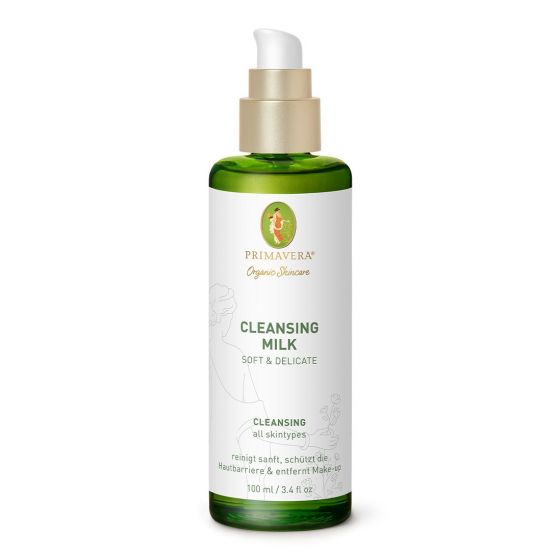 Primavera Cleansing Milk Soft & Delicate in 100ml bottle, facial skincare product with gentle, creamy texture for delicate skin.