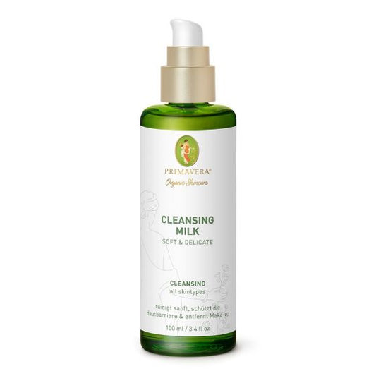 Primavera Cleansing Milk Soft & Delicate in 100ml bottle, facial skincare product with gentle, creamy texture for delicate skin.
