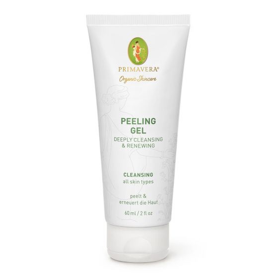 Primavera Peeling Gel for deep cleansing and renewing, 60ml, with a gel texture shown on a skincare product display.