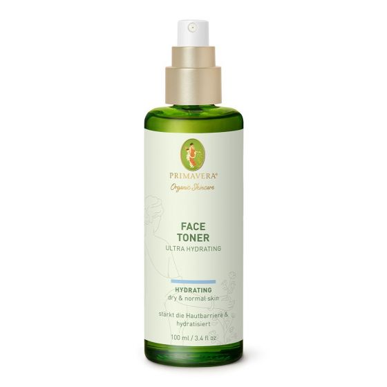 Primavera ultra hydrating face toner in 100ml bottle, moisturizing skincare product for fresh, healthy skin.