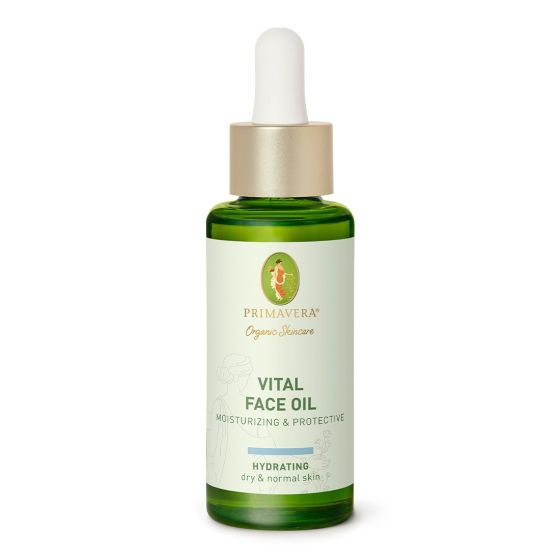 Primavera Vital face oil in 30ml bottle, moisturizing and protective facial skincare product with a clear glass container.