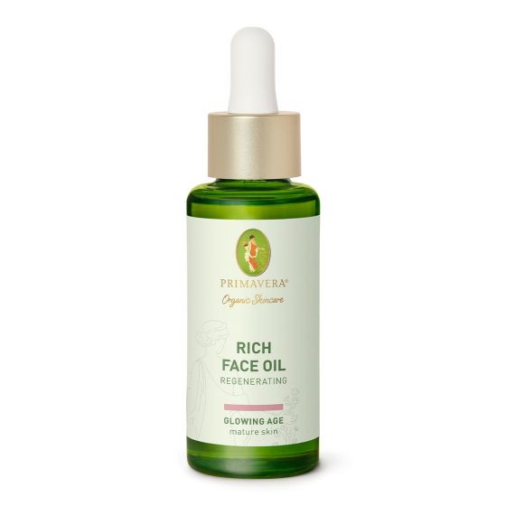 Primavera Rich face oil regenerating in 30ml bottle, natural facial skincare with nourishing and revitalizing properties.