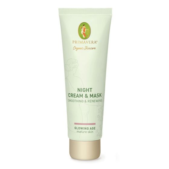 Primavera Night Cream & Mask in 50ml jar, facial skincare product with a creamy texture, designed for overnight skin nourishment.