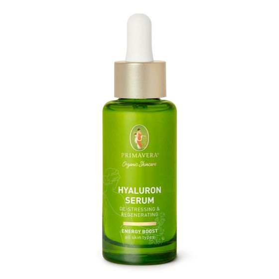 Primavera Hyaluron de-stressing regenerating facial serum in a 30ml bottle, featuring clear liquid and skincare packaging.