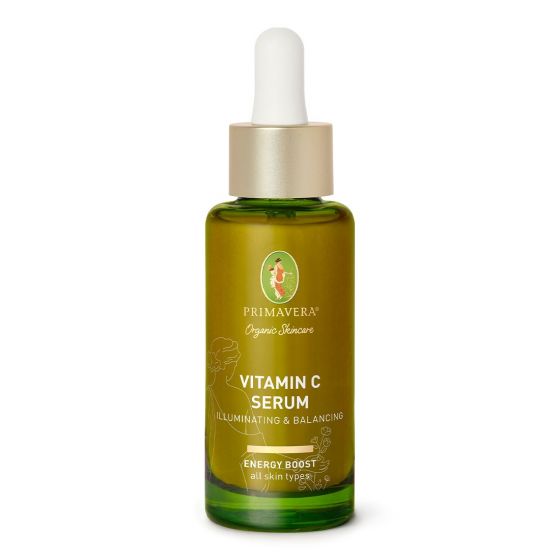 Primavera Vitamin C serum for face, illuminating and balancing, 30ml bottle shown with dropper and clear liquid.
