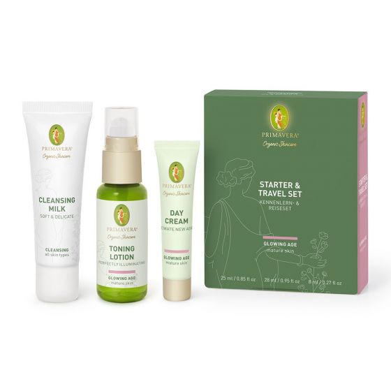Primavera Glowing Age 1.00 facial skincare starter and travel set with bottles and skincare products in a compact set.