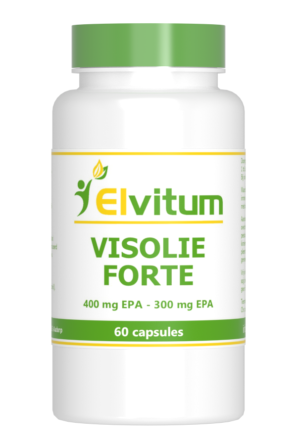 Elvitum Visolie Forte softgels with 400 EPA and 300 DHA omega-3 fatty acids, supplement for healthy heart and brain function.