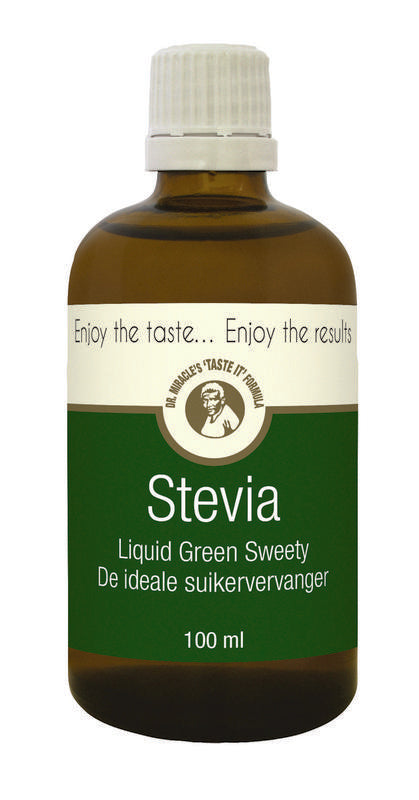 Dr. Miracle Stevia drops in a 100ml bottle, natural sweetener from the Suikers en Zoetstoffen category, with a clear label.
