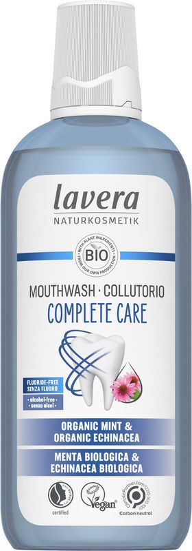 Lavera complete care fluoride-free mouthwash in a 400ml bottle, showing the bottle with label and cap.