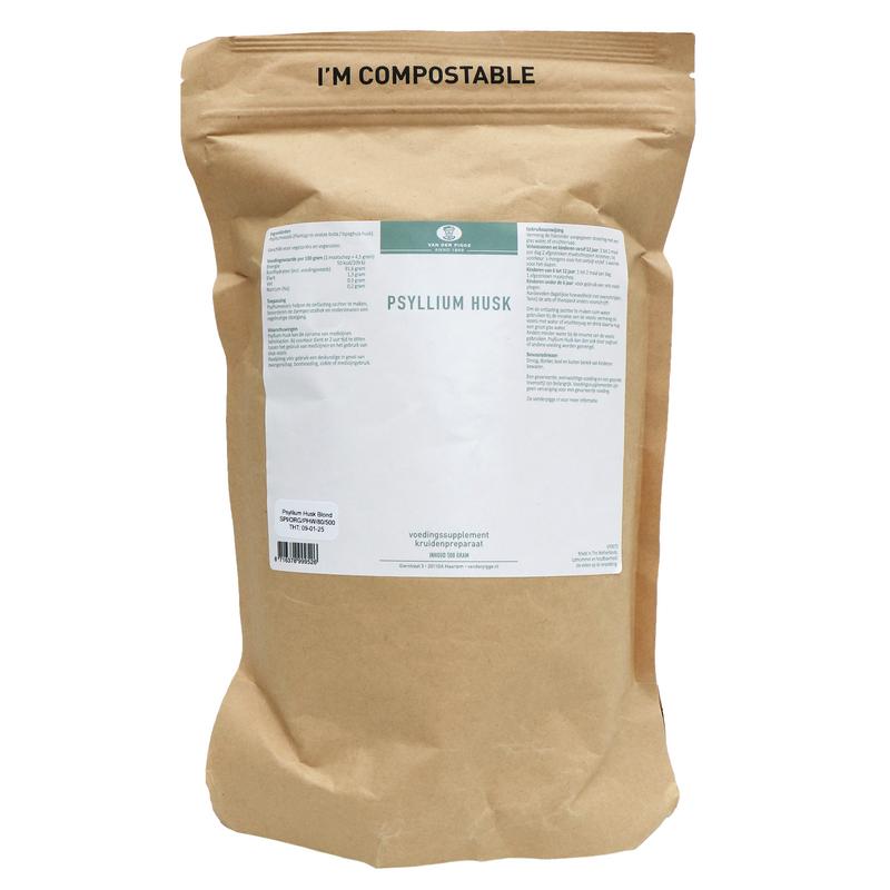 Van der Pigge psyllium husk refill bag, 500g, natural fiber supplement from Van der Pigge, showing the resealable packaging.
