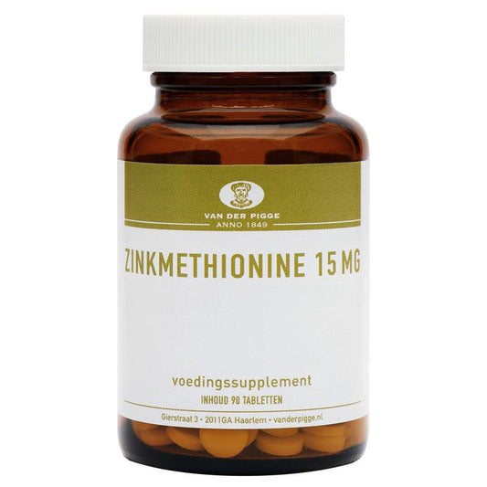 Van der Pigge Zinkmethionine 15mg mineral tablets in a blister pack, showing 90 zinc supplement tablets from the mineralen enkel line.