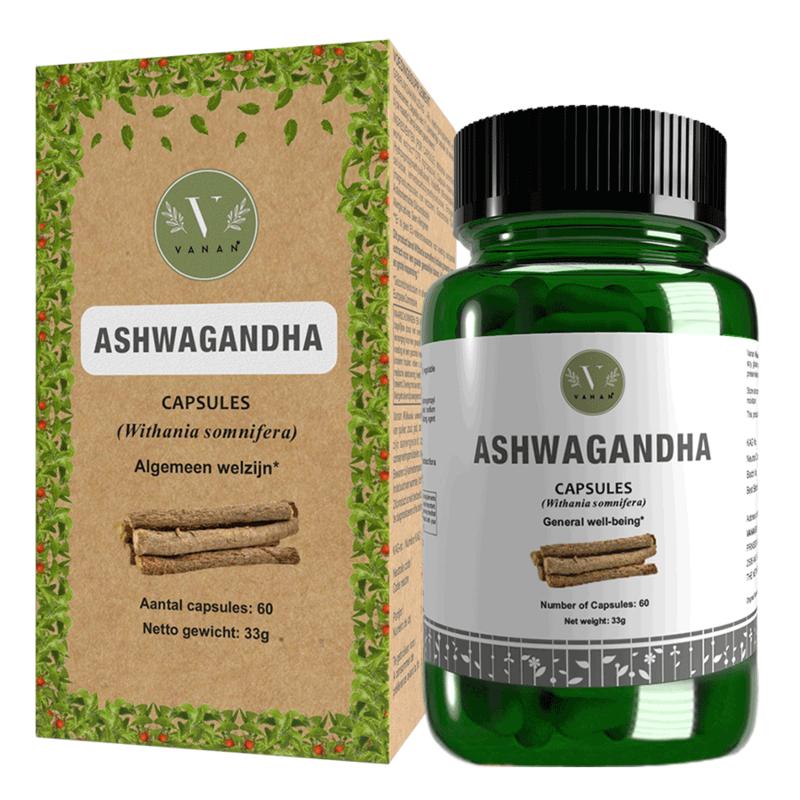 Vanan Ashwagandha capsules, 60 herbal supplement capsules, shown in a clear container with green and brown packaging.