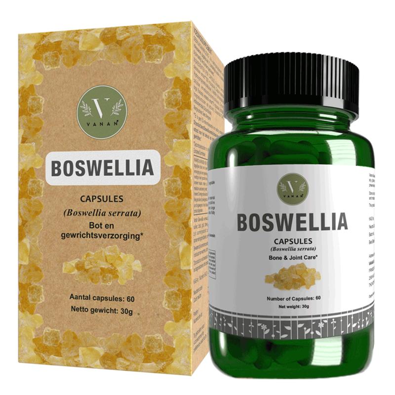 Vanan Boswellia capsules, 60-count herbal supplement in a white bottle with a label displaying product details and branding.