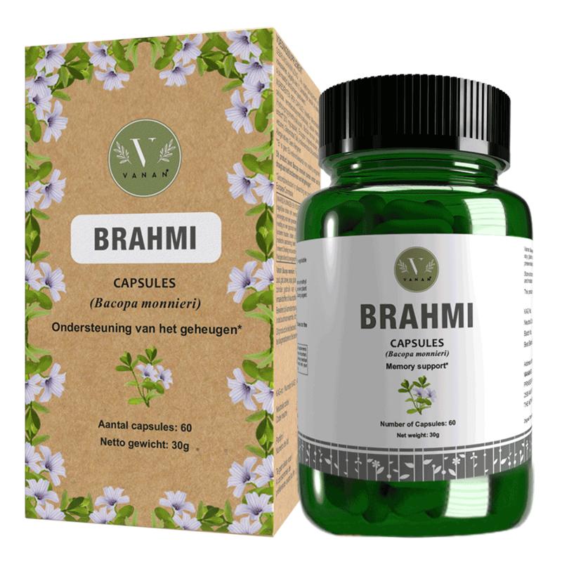 Vanan Brahmi capsules in a bottle, herbal supplement for cognitive support, 60 capsules, natural herbal kruidpreparaten.