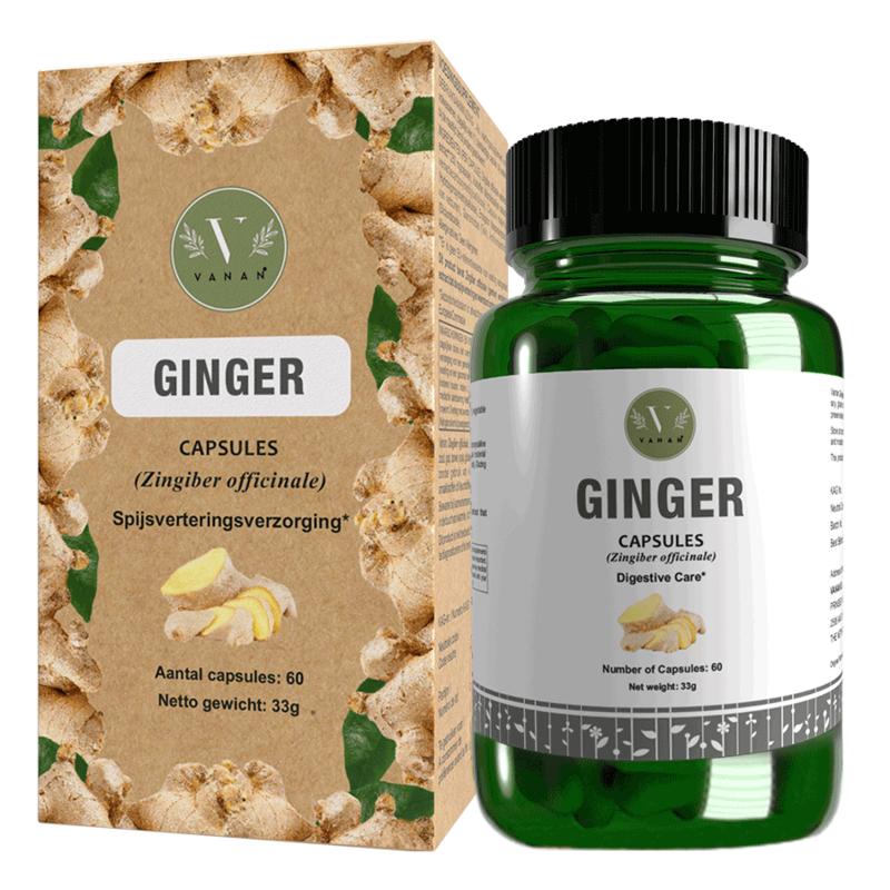 Vanan Ginger capsules in a bottle, herbal supplement from Kruidenpreparaten, showing 60 capsules on the label.