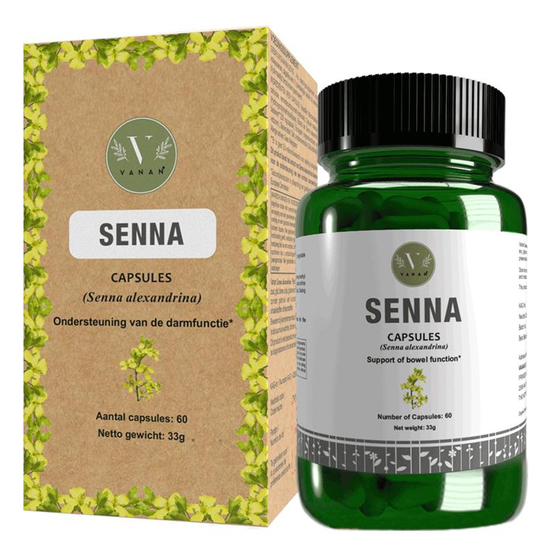 Vanan Senna capsules in a bottle, herbal supplement for digestion, 60 capsules, Vanan brand kruidenpreparaten.