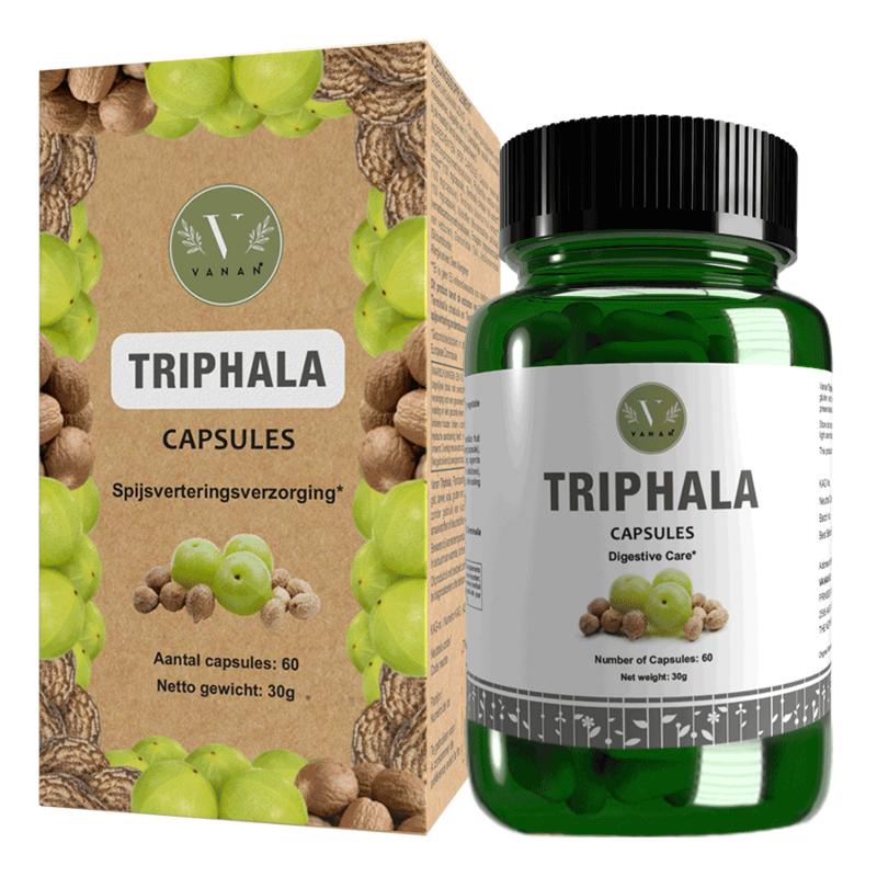 Vanan Triphala capsules, herbal supplement, 60 capsules, natural Kruidenpreparaten with green and white packaging.