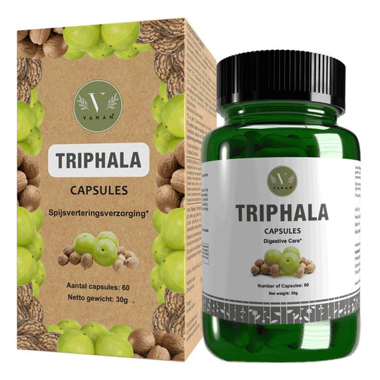 Vanan Triphala capsules, herbal supplement, 60 capsules, natural Kruidenpreparaten with green and white packaging.