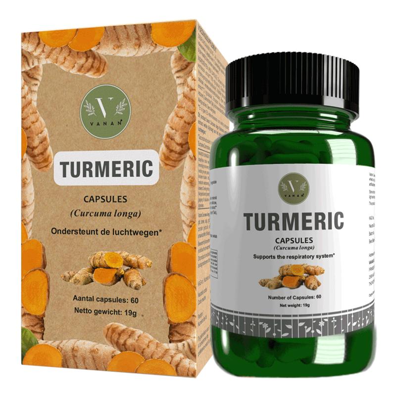 Vanan Turmeric capsules in a bottle, natural herbal supplement, 60 capsules, used for health and wellness.