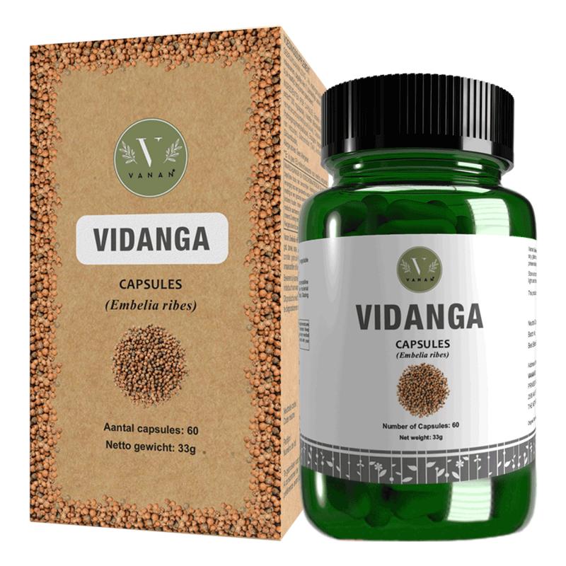 Vanan Vidanga capsules, herbal supplement with 60 capsules, featuring dried Vidanga plant ingredients for natural wellness.