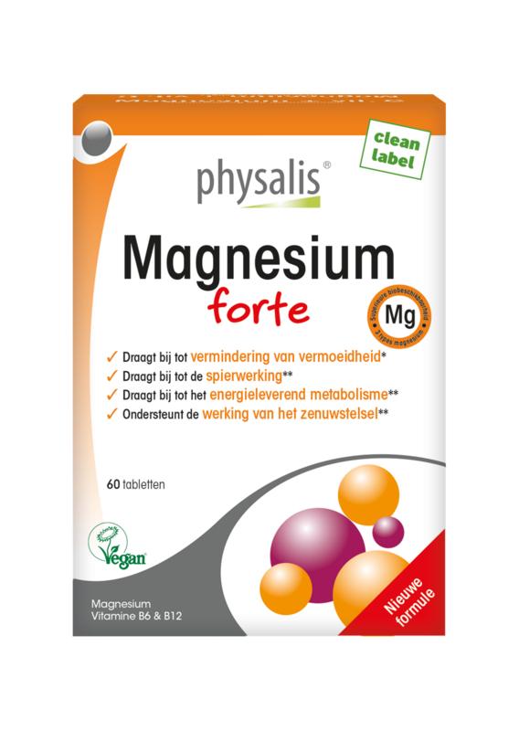 Physalis Magnesium Forte 60 tablets bottle, mineral supplement with magnesium in a white container with label.