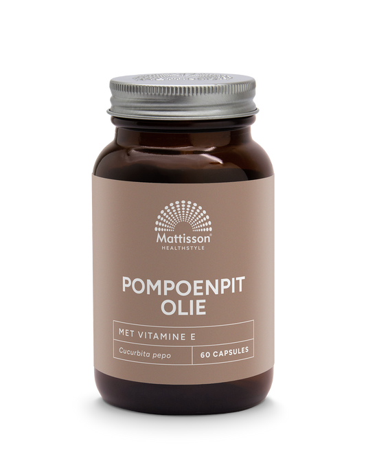 Mattisson Pumpkin Seed Oil capsules with vitamin E, 1000mg, in a bottle, herbal supplement for health and wellness.