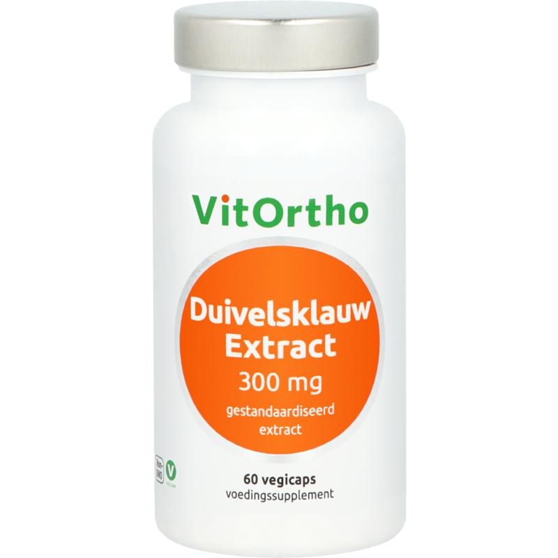 VitOrtho Duivelsklauw extract 300mg herbal capsules, natural supplement for joint support, in a brown bottle with capsules.