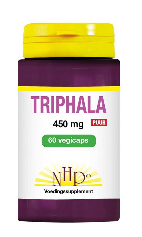 NHP Triphala puur 450mg herbal capsules, vegetarian supplement with three fruit extracts, in a clear bottle.