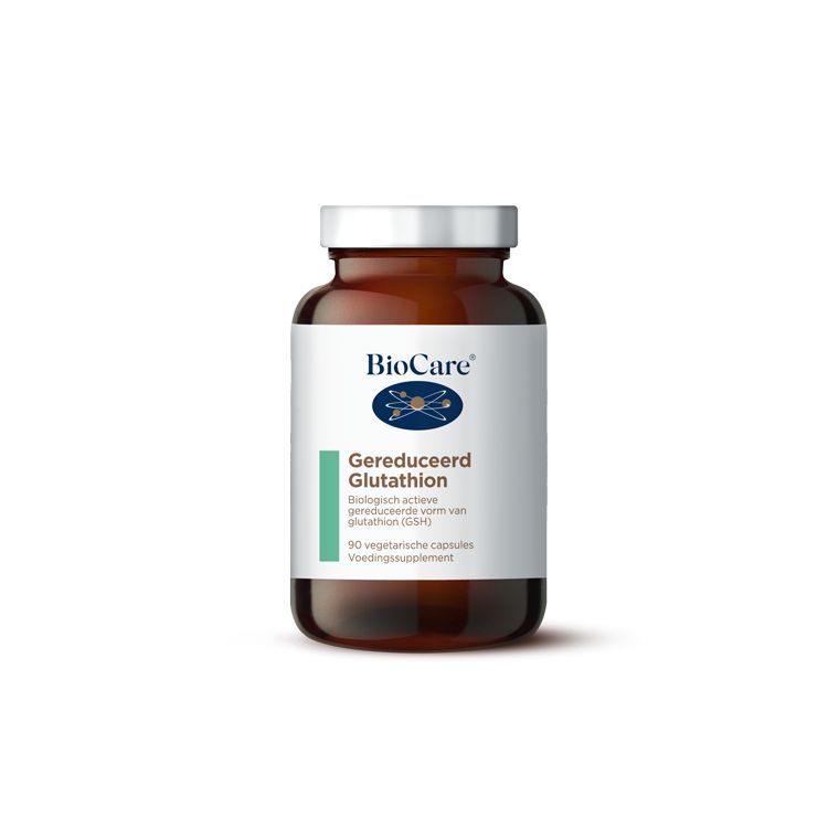 BioCare Glutathion reduced amino acid capsules in vegetarian form, shown in a bottle with capsules visible inside.