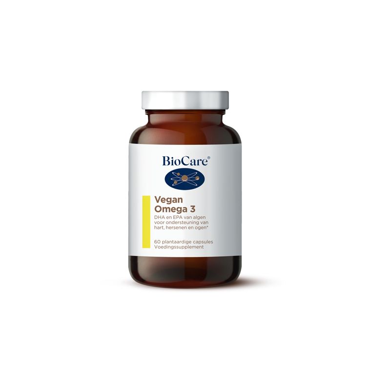 BioCare Vegan Omega 3 vegetarian capsules, softgel supplement with omega-3 fatty acids, in clear bottle.