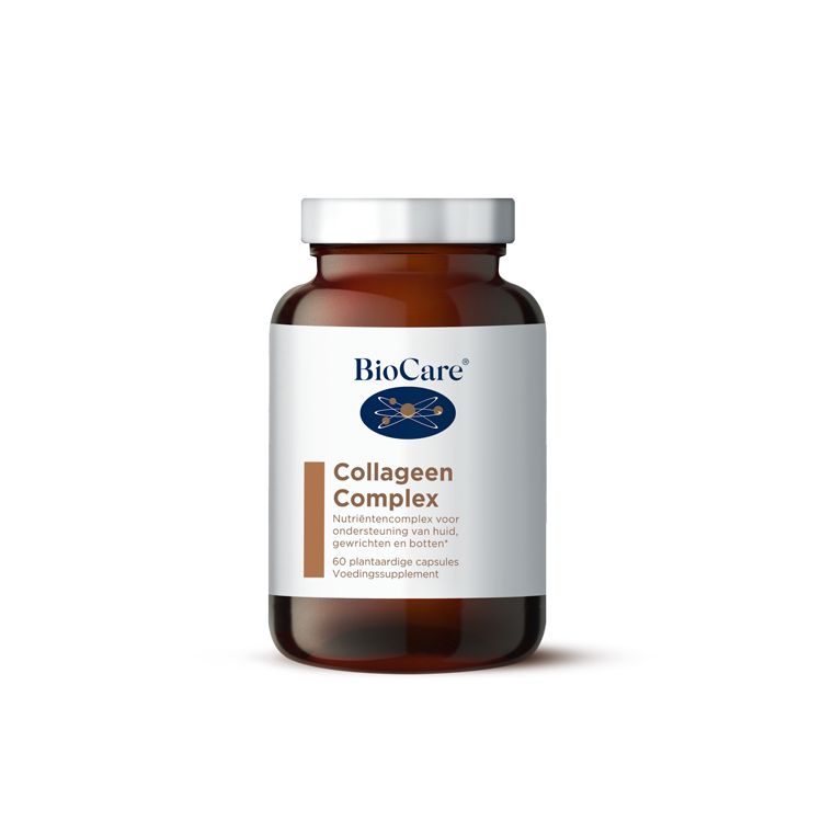 BioCare Collagen Complex vegetarian capsules, dietary supplement with multi-vitamins in a white bottle.