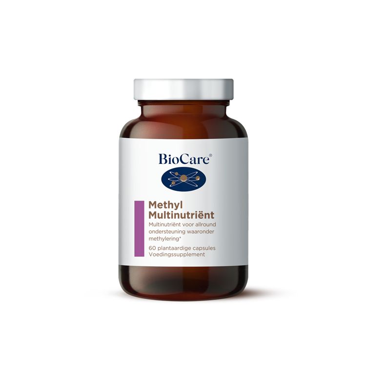 BioCare Methyl multinutrient vegetarian capsules, vitamin multi supplement in a white bottle with a colorful label.