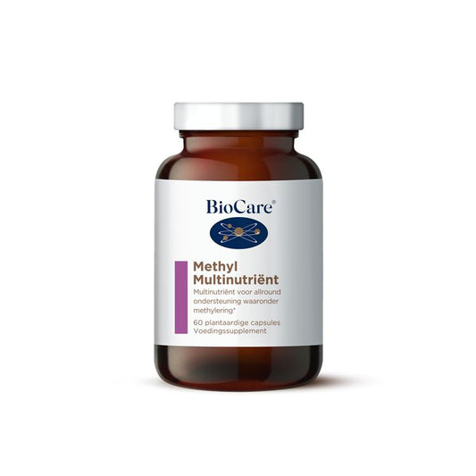 BioCare Methyl multinutrient vegetarian capsules, vitamin multi supplement in a white bottle with a colorful label.