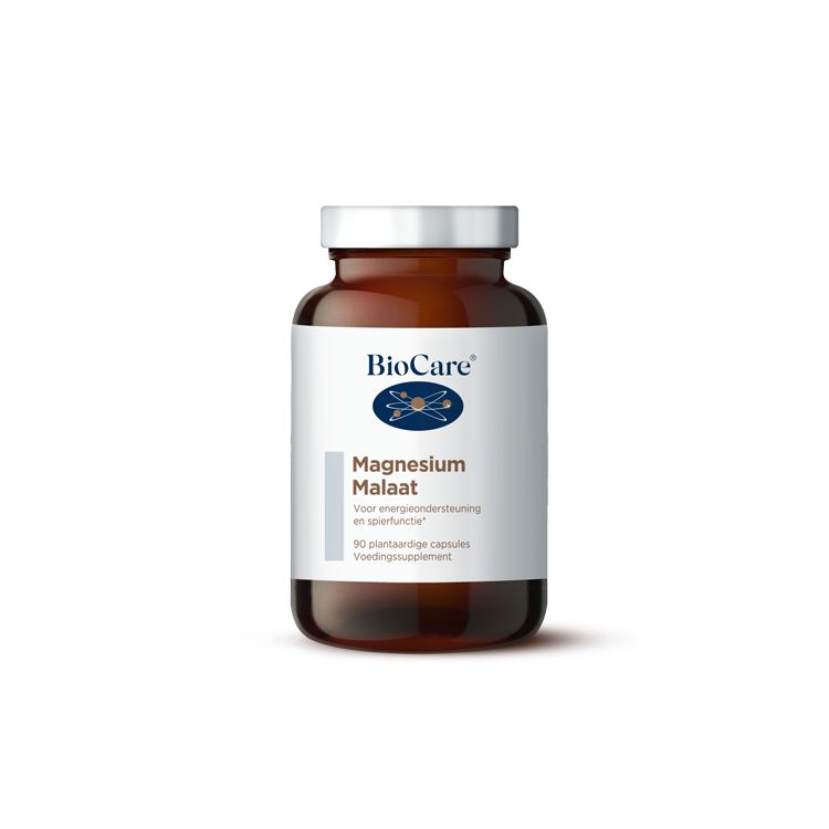 BioCare Magnesium malate vegetarian capsules, dietary mineral supplement, close-up of the supplement bottles and capsules.