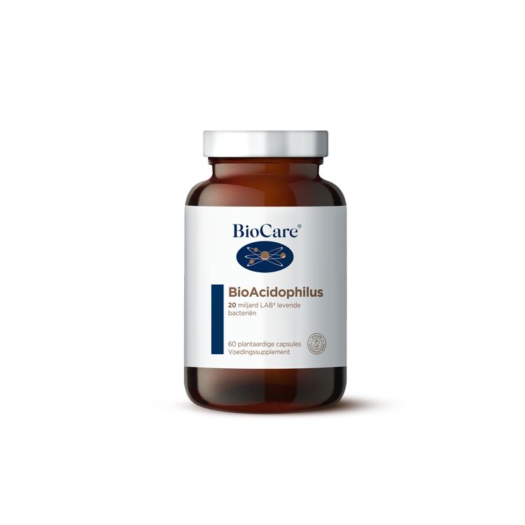 BioCare Bioacidophilus vegetarian capsules with 20 billion micro-organisms, shown in a close-up of the supplement bottle.