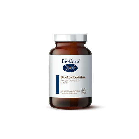 BioCare Bioacidophilus vegetarian capsules with 20 billion micro-organisms, shown in a close-up of the supplement bottle.