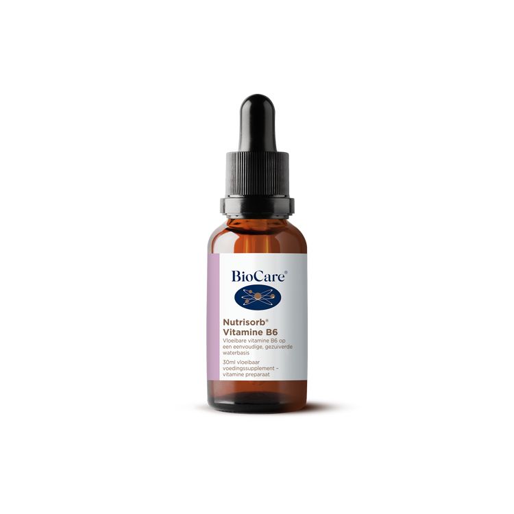 BioCare Nutrisorb vitamin B6 liquid supplement in a 30ml bottle, featuring a dropper for easy dosing.