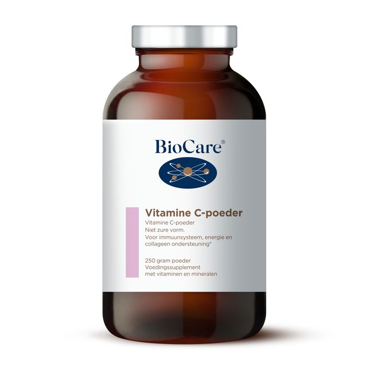 BioCare Vitamin C powder with magnesium, 250g, in a resealable container, showing the colorful powder inside.
