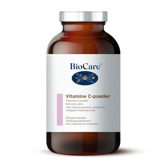 BioCare Vitamin C powder with magnesium, 250g, in a resealable container, showing the colorful powder inside.